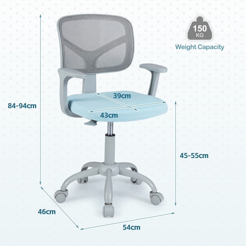 Dimensions of the blue kids desk chair shown with measurements