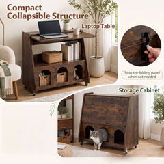 Folding Desk on Wheels with Storage Shelves and Compartments for Small Spaces-Rustic Brown