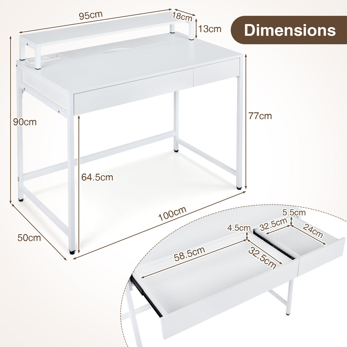 Computer Desk with Power Outlets Compact Office Desk with Removable Monitor Stand-White
