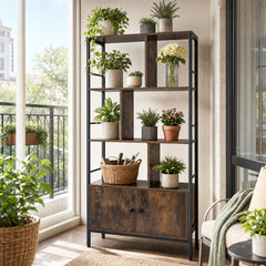Modern Bookcase with Steel Frame 3-Tier Shelves and 2-Door Cabinet for Living Room-Rustic Brown