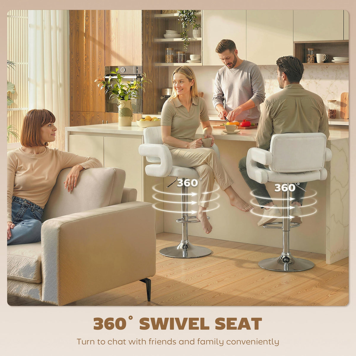 HOMCOM Bar Stools Adjustable Swivel Kitchen Chairs with Backrest Armrest Set of 2 PU Leather White