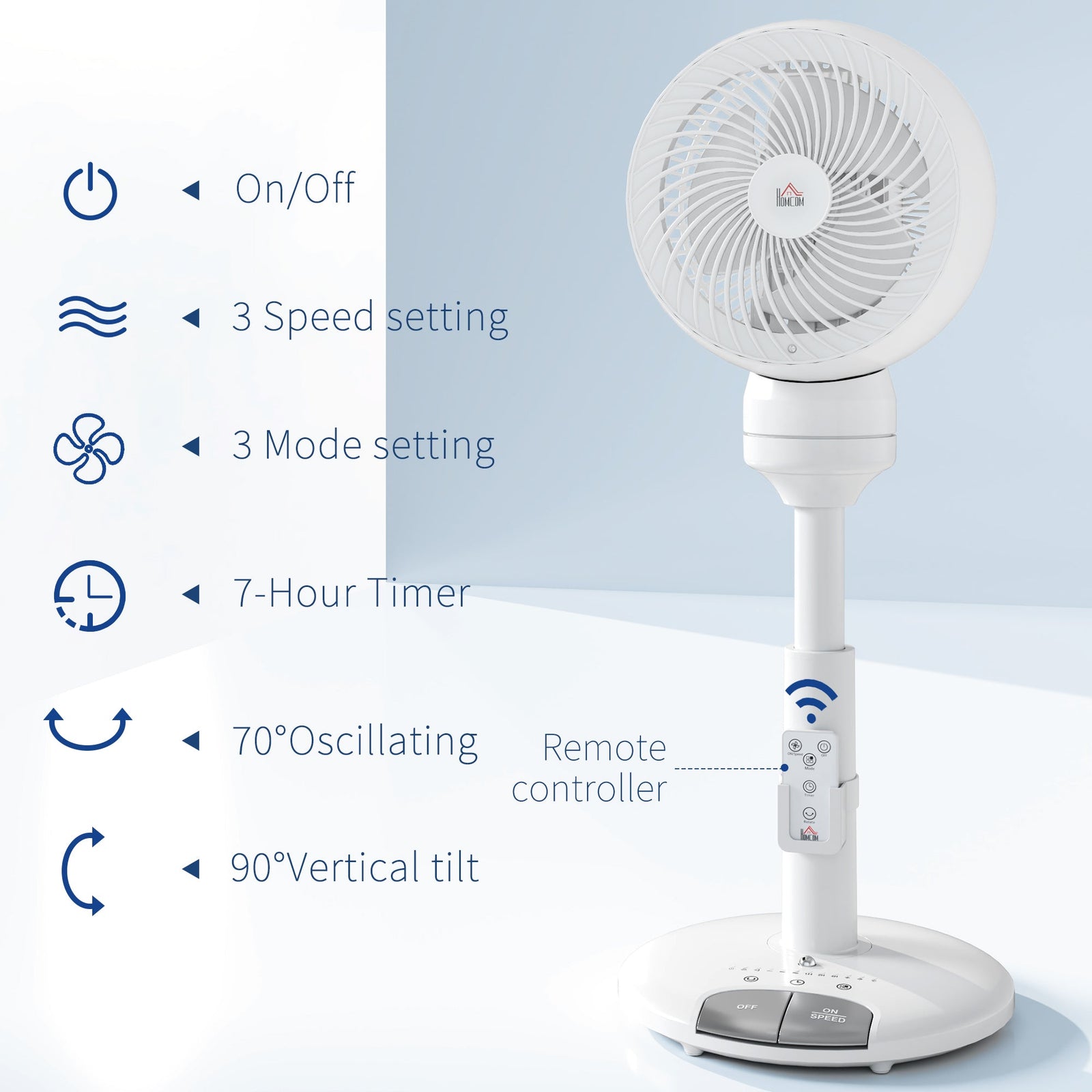 HOMCOM Standing Fan for Bedroom, 28" Pedestal Fan with Remote, 70° Oscillating, 90° Vertical Tilt, 3 Speeds, Adjustable Height, 7H Timer, Foot Button, White