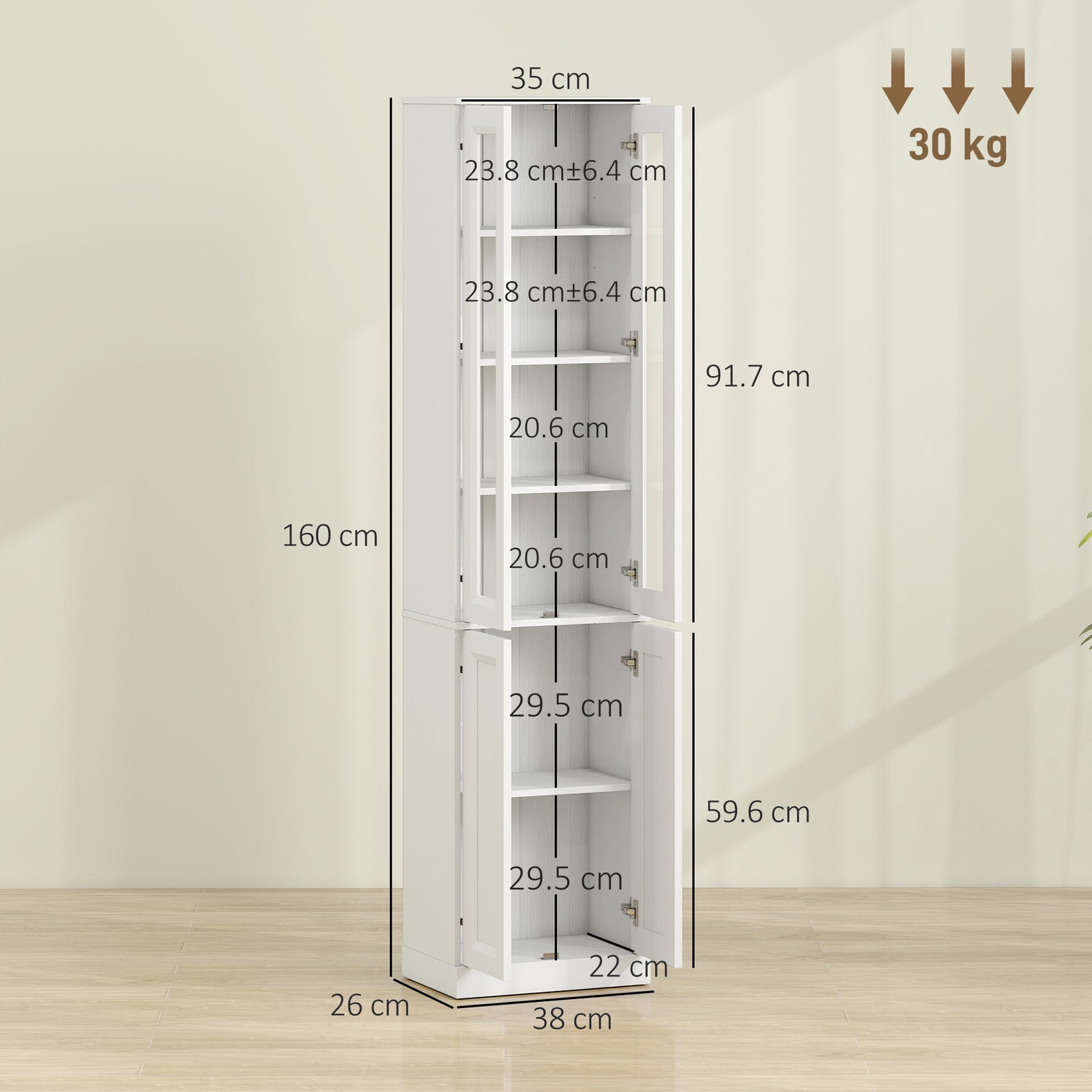 HOMCOM Tall Bathroom Storage Cabinet, 6-Tier Slim Bathroom Cabinet with Adjustable Shelf, 4 Soft-Close Doors, White
