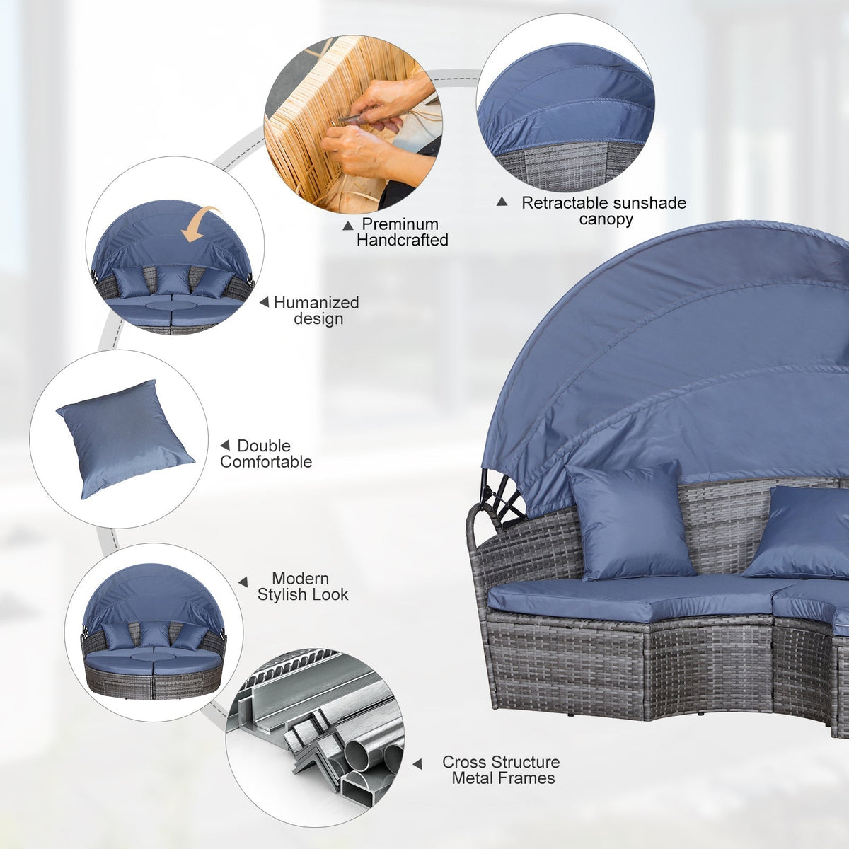 Outsunny Outdoor PE Rattan Garden Furniture with Cushioned, Patio Wicker Conversation Furniture Set, Round Daybed with Retractable Canopy, Coffee Table and Three Pillows, Grey/Blue Grey