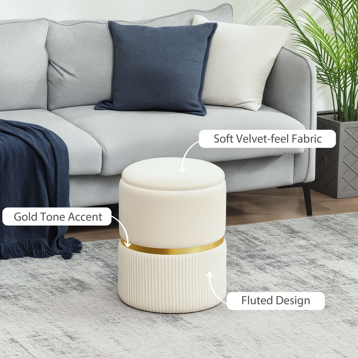 HOMCOM Round Storage Stool, Velvet-feel Fabric Upholstered Vanity Stool with Removable Top, Padded Seat and Hidden Space, Beige