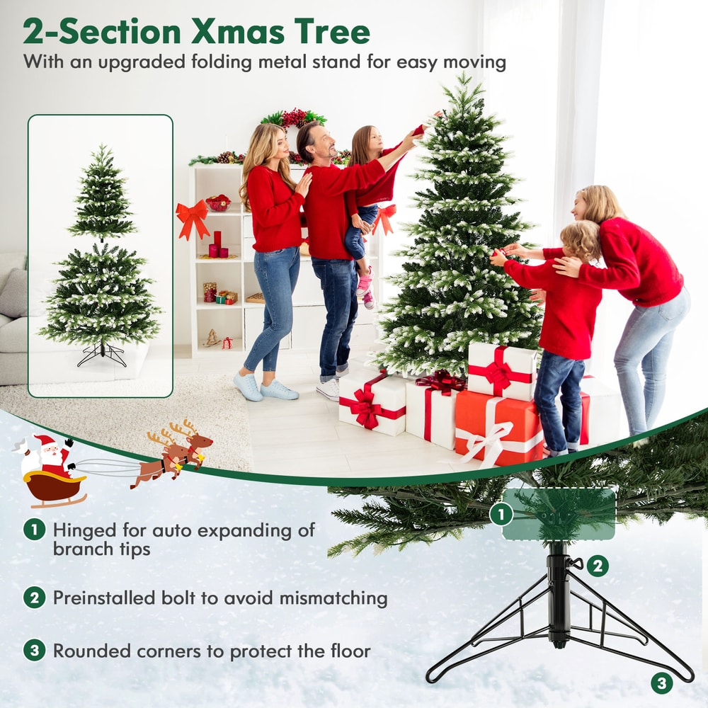 The Christmas tree parts and assembly features, including hinged branches and a metal stand