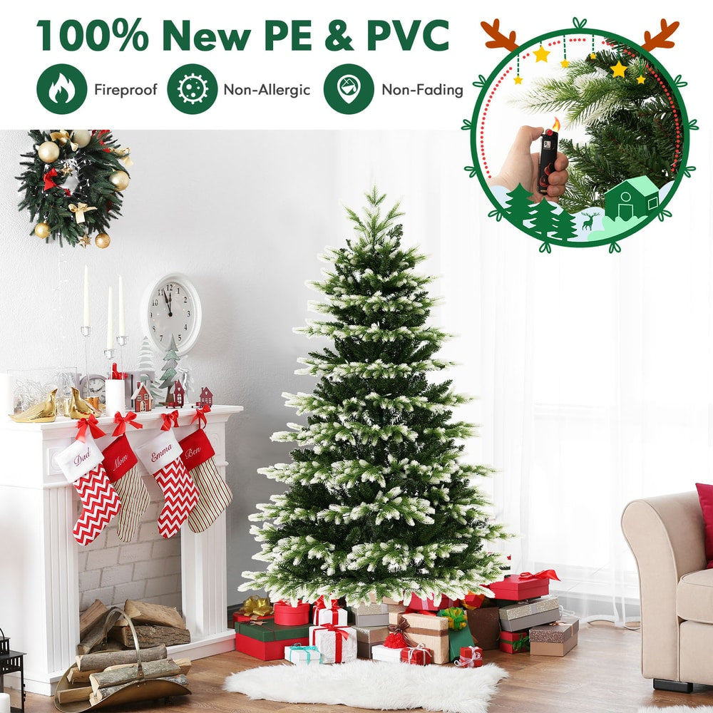 The Christmas tree is decorated in a living room with a fireplace and stockings