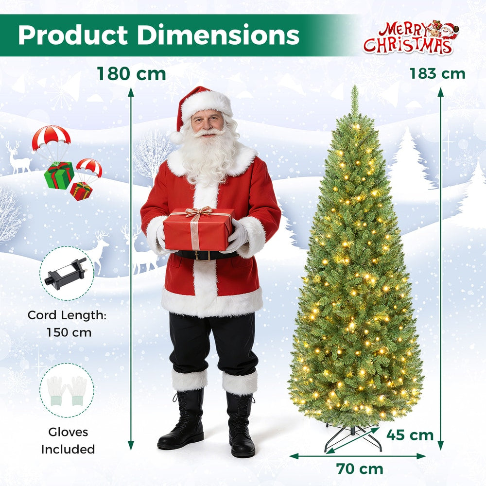 The Christmas tree next to a Santa Claus figure showing height and width dimensions