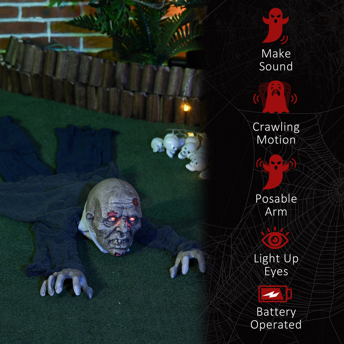HOMCOM 5.2ft Life Size Outdoor Halloween Decoration Crawling Zombie, Animated Prop Decor with Sound and Motion Activated, Light Up Eyes, Howling Sound, Posable Arms