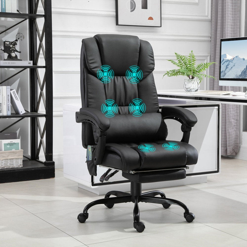 Black PU leather office chair with massage points highlighted in blue, shown in a home office setting