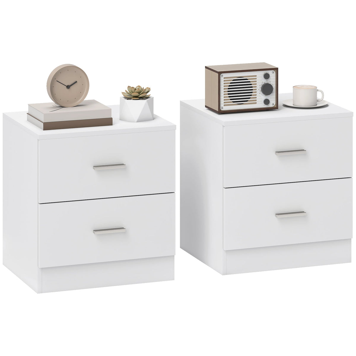 HOMCOM Set of 2 Modern Nightstands, Bedside Tables with 2 Storage Drawers, Accent End Table for Bedroom and Living Room, White