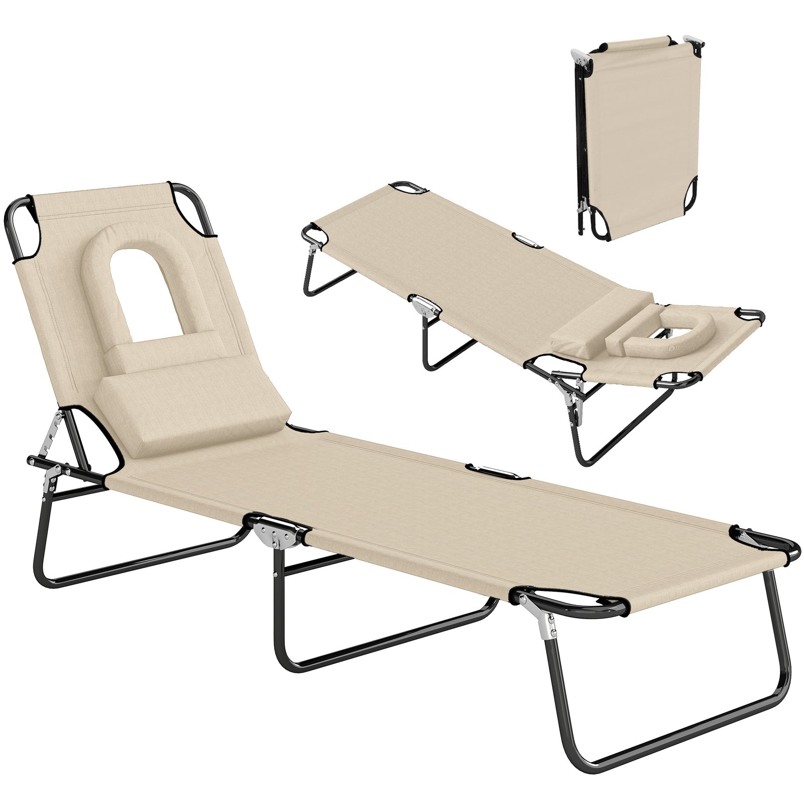 Outsunny Folding Sun Lounger with Face Hole, 4-Position Adjustable Backrest Garden Recliner Chair Sunbed, Outdoor Lounge Chair with 600 D Oxford Cloth Seat, Pillow for Beach, Beige
