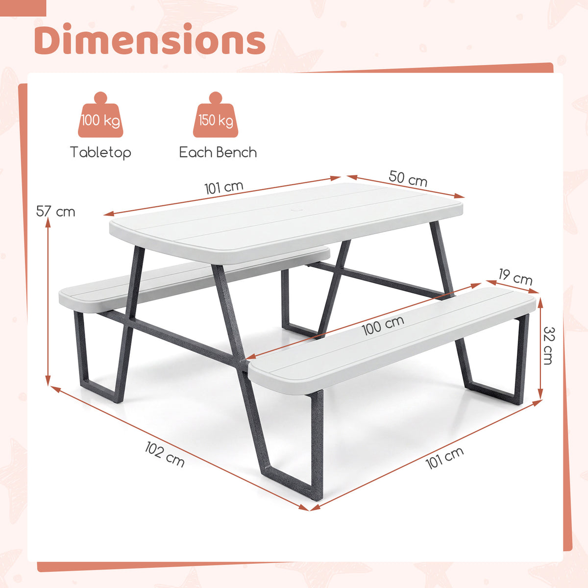 Camping Table and Chairs with Umbrella Hole and Metal Frame for Boys Girls Ages 3-8-White