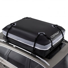 The cargo carrier strapped securely to the roof rails of a car