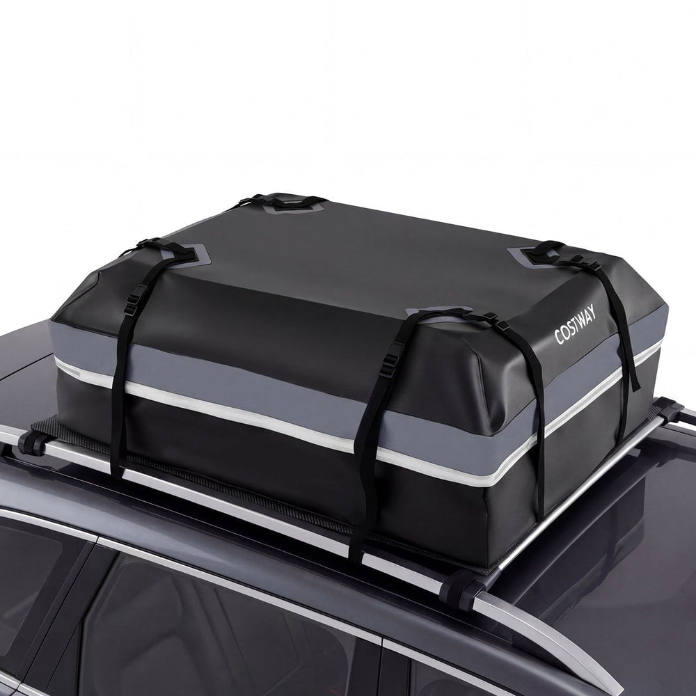 Car Rooftop Cargo Carrier Waterproof Heavy-Duty PVC Roof Bag in grey, attached to roof racks