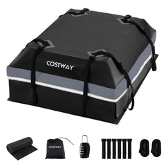 The grey roof bag with accessories including a mat, storage bag, lock, and straps