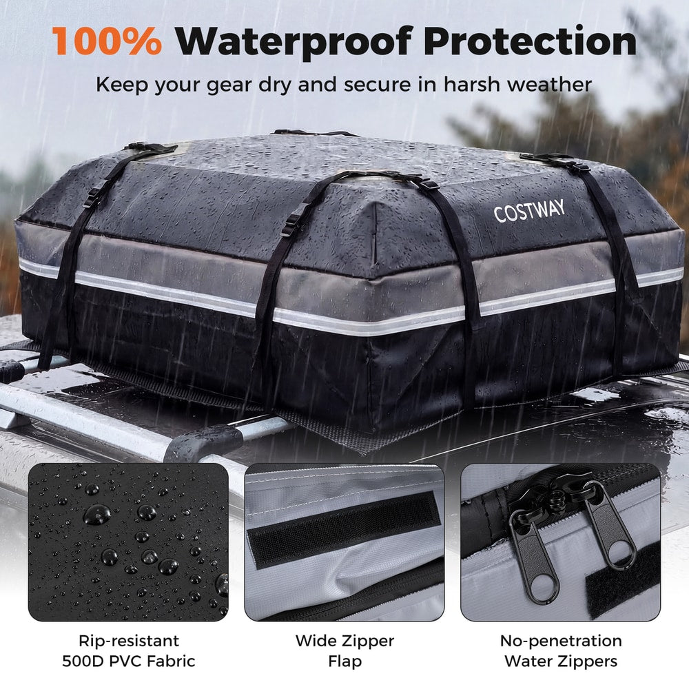 Close-ups of the grey roof bag showing waterproof fabric, wide zipper, and no-penetration zippers