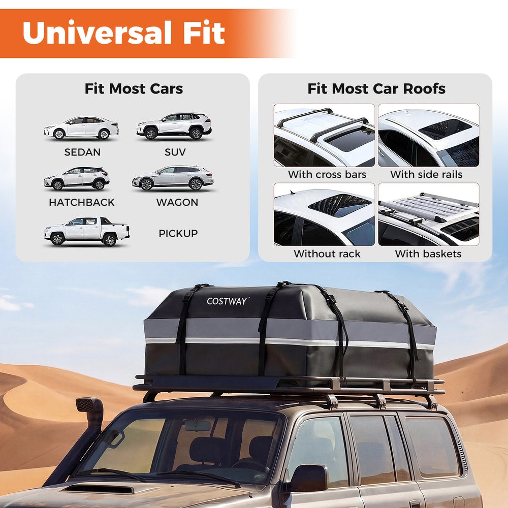 Diagram showing the grey roof bag fits most cars and car roof types