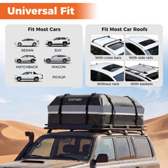 Diagram showing the grey roof bag fits most cars and car roof types