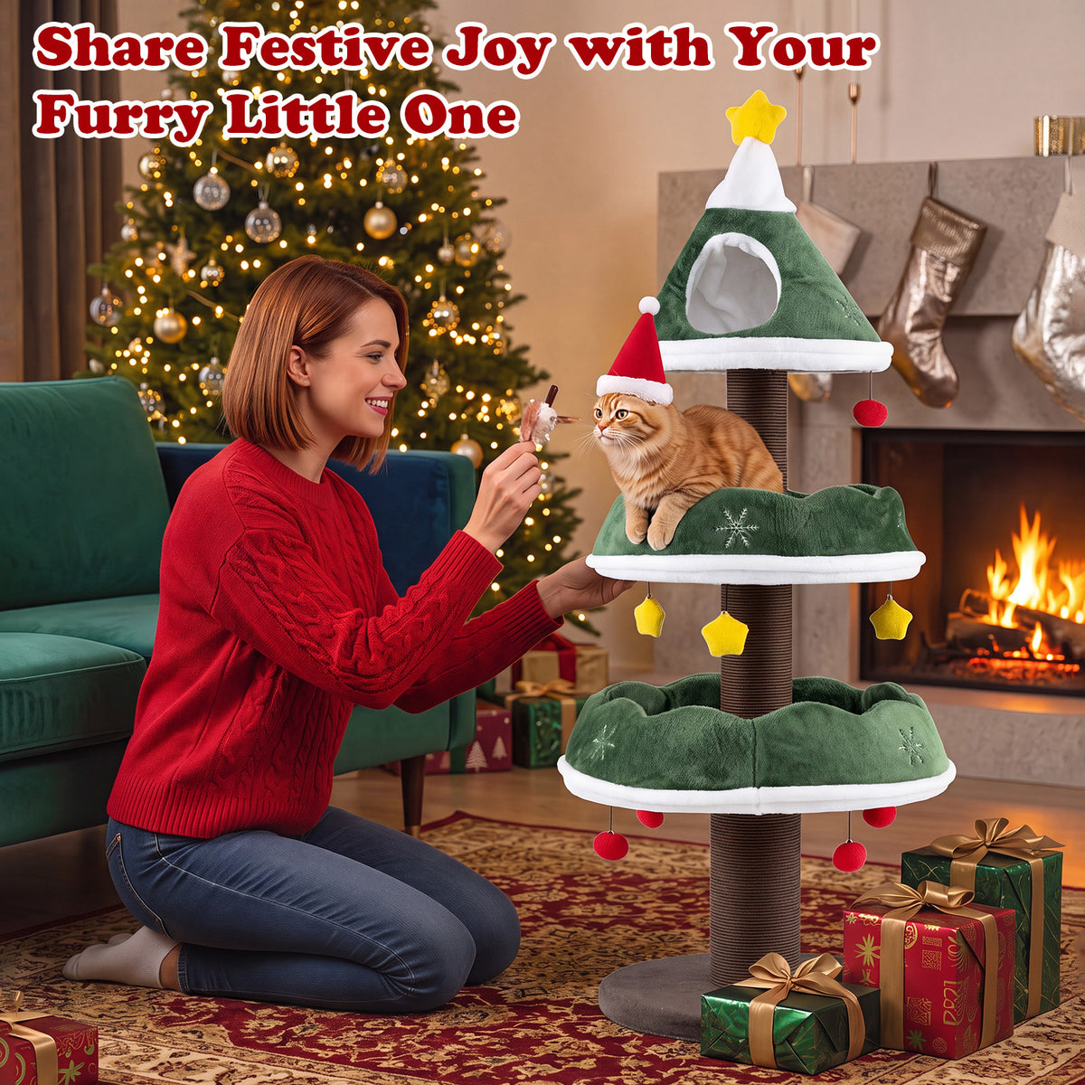 Cat Christmas Tree with Cozy Condo and Scratching Posts-Green