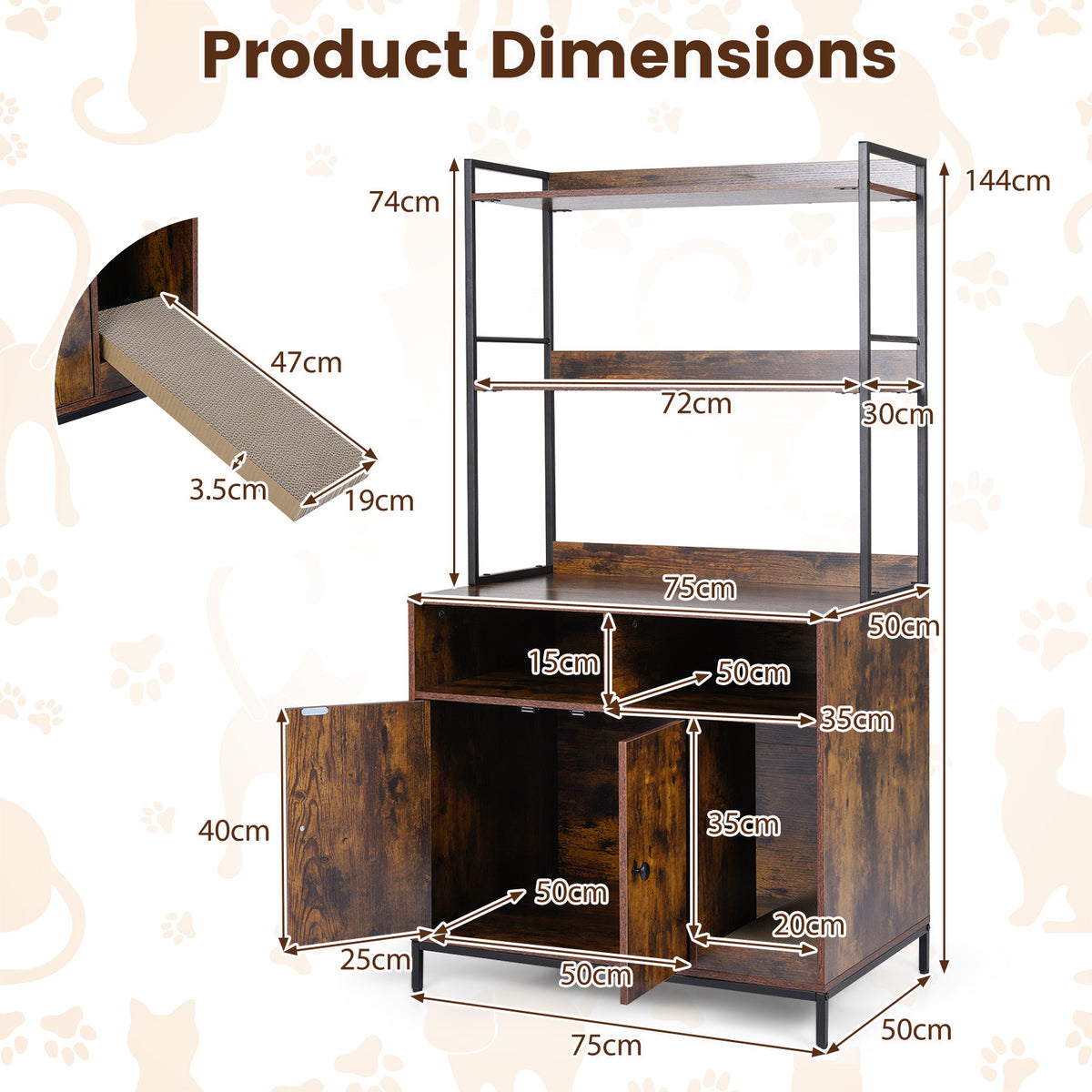 Cat Litter Box Enclosure 144.5 cm Tall Hidden Cat Washroom Furniture with Wide Countertop-Rustic Brown