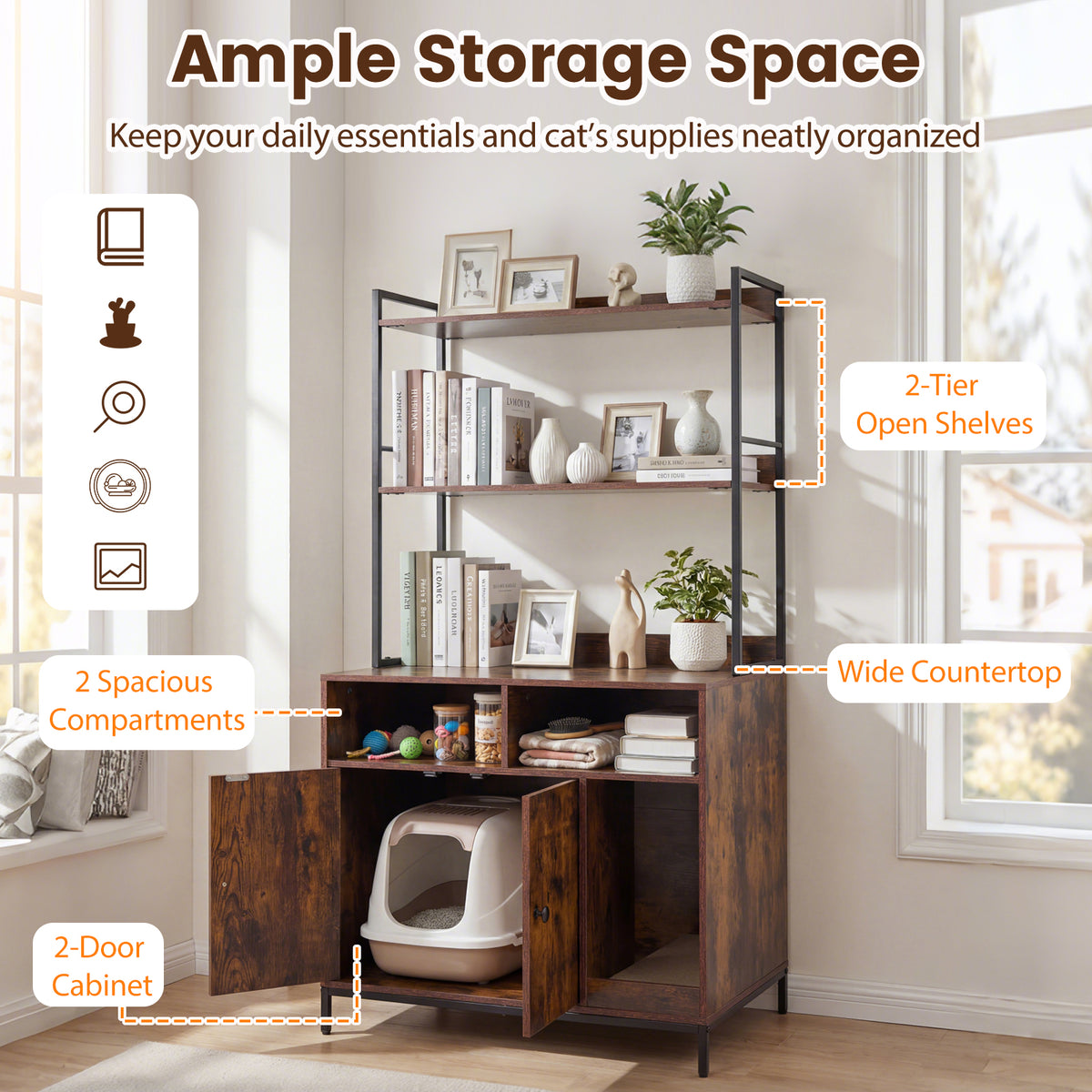 Cat Litter Box Enclosure 144.5 cm Tall Hidden Cat Washroom Furniture with Wide Countertop-Rustic Brown