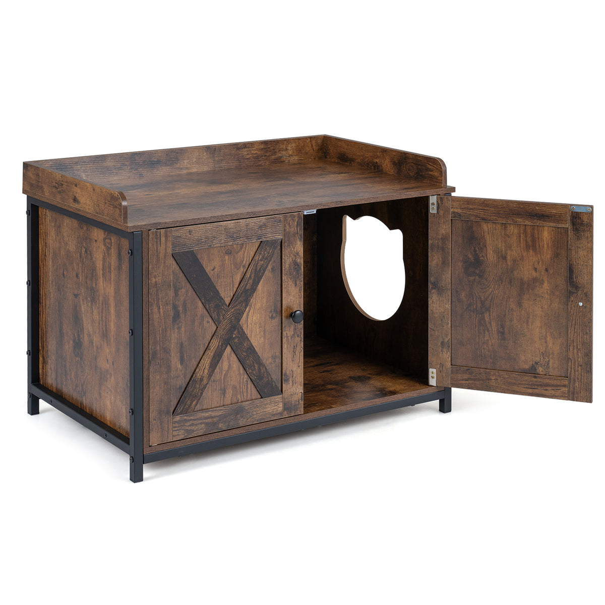Cat Litter Box Enclosure with 2 Barn Doors Metal Legs and Side Entrance-Rustic Brown