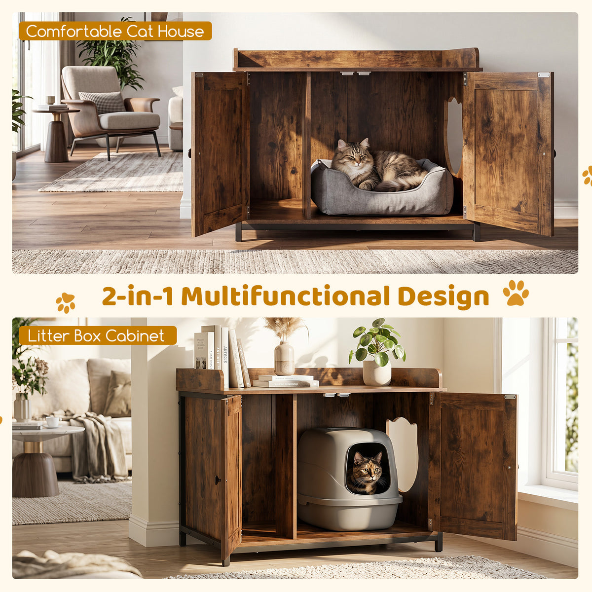 Cat Litter Box Enclosure with 2 Barn Doors Metal Legs and Side Entrance-Rustic Brown