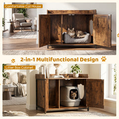 Cat Litter Box Enclosure with 2 Barn Doors Metal Legs and Side Entrance-Rustic Brown