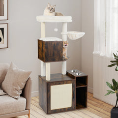 Cat Litter Box Enclosure with Sisal Scratching Post and Mat-Brown