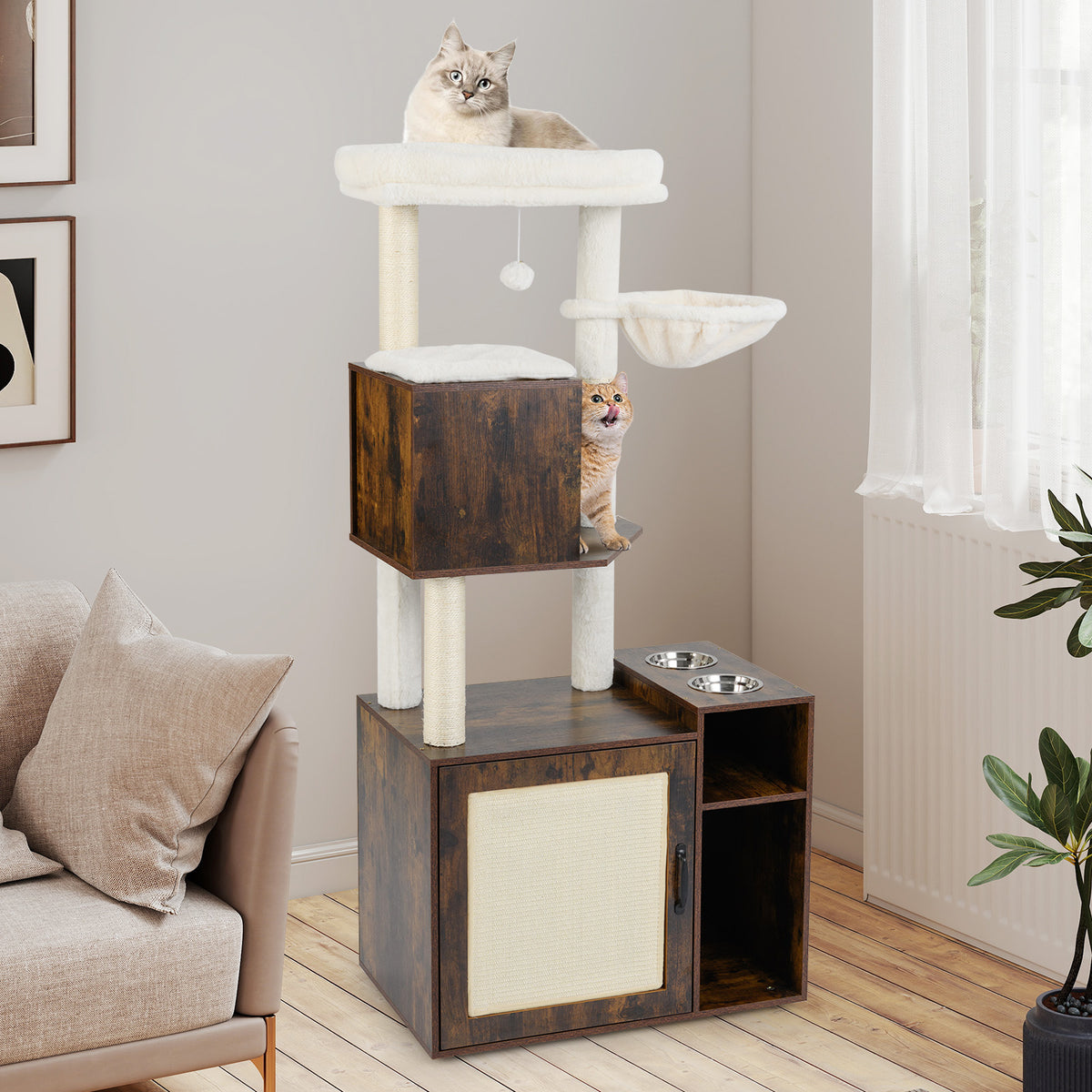Cat Litter Box Enclosure with Sisal Scratching Post and Mat-Brown