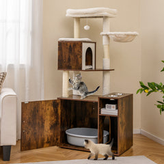Cat Litter Box Enclosure with Sisal Scratching Post and Mat-Brown