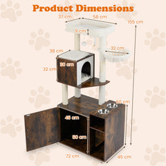 Cat Litter Box Enclosure with Sisal Scratching Post and Mat-Brown