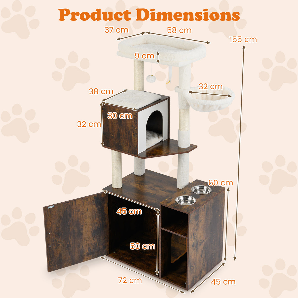 Cat Litter Box Enclosure with Sisal Scratching Post and Mat-Brown