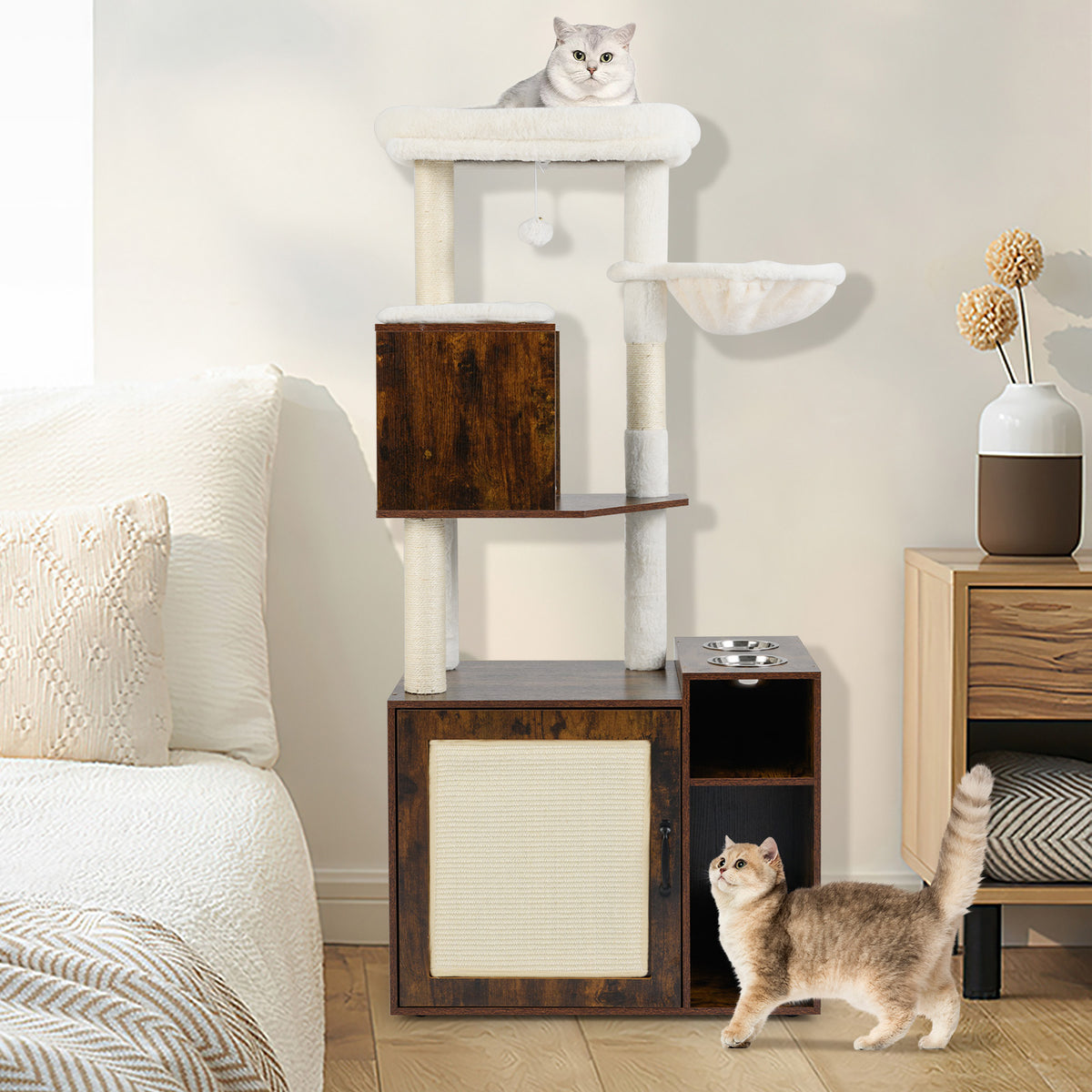 Cat Litter Box Enclosure with Sisal Scratching Post and Mat-Brown