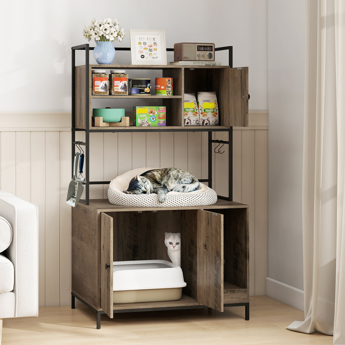 Cat Litter Box Enclosure with Storage Shelves Large Hidden Cat Washroom Furniture with Metal Frame-Grey