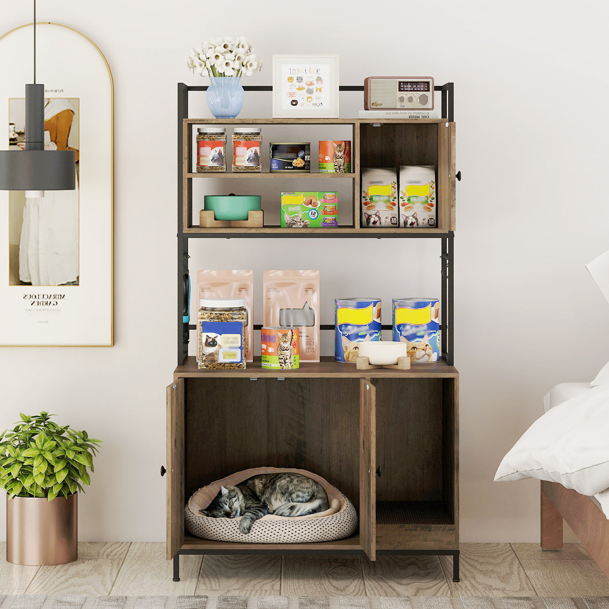 Cat Litter Box Enclosure with Storage Shelves Large Hidden Cat Washroom Furniture with Metal Frame-Grey