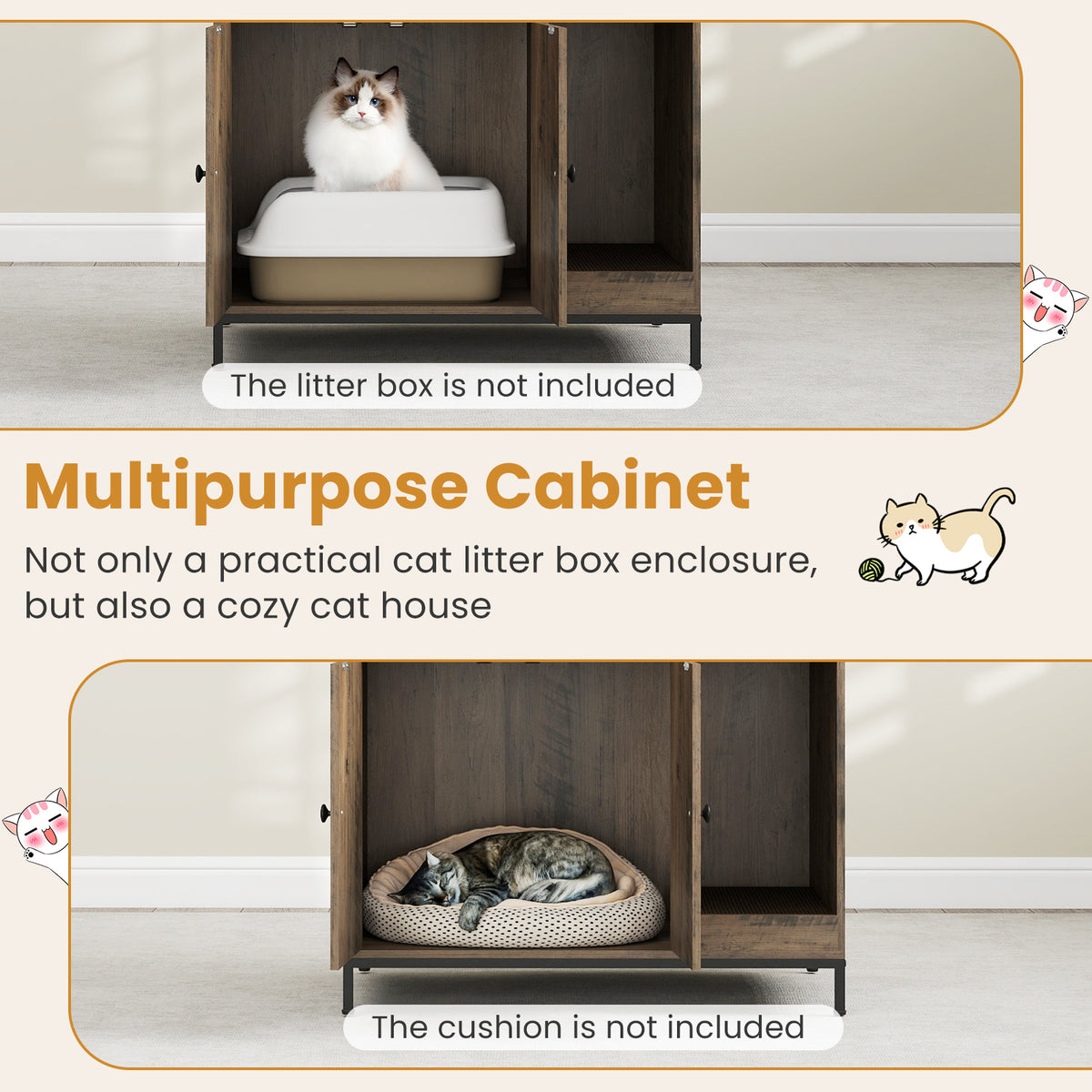 Cat Litter Box Enclosure with Storage Shelves Large Hidden Cat Washroom Furniture with Metal Frame-Grey