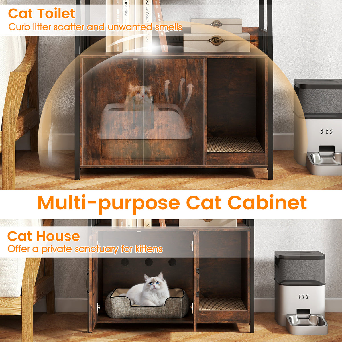 Cat Litter Box Enclosure with Storage Shelves and Scratching Pad-Rustic Brown