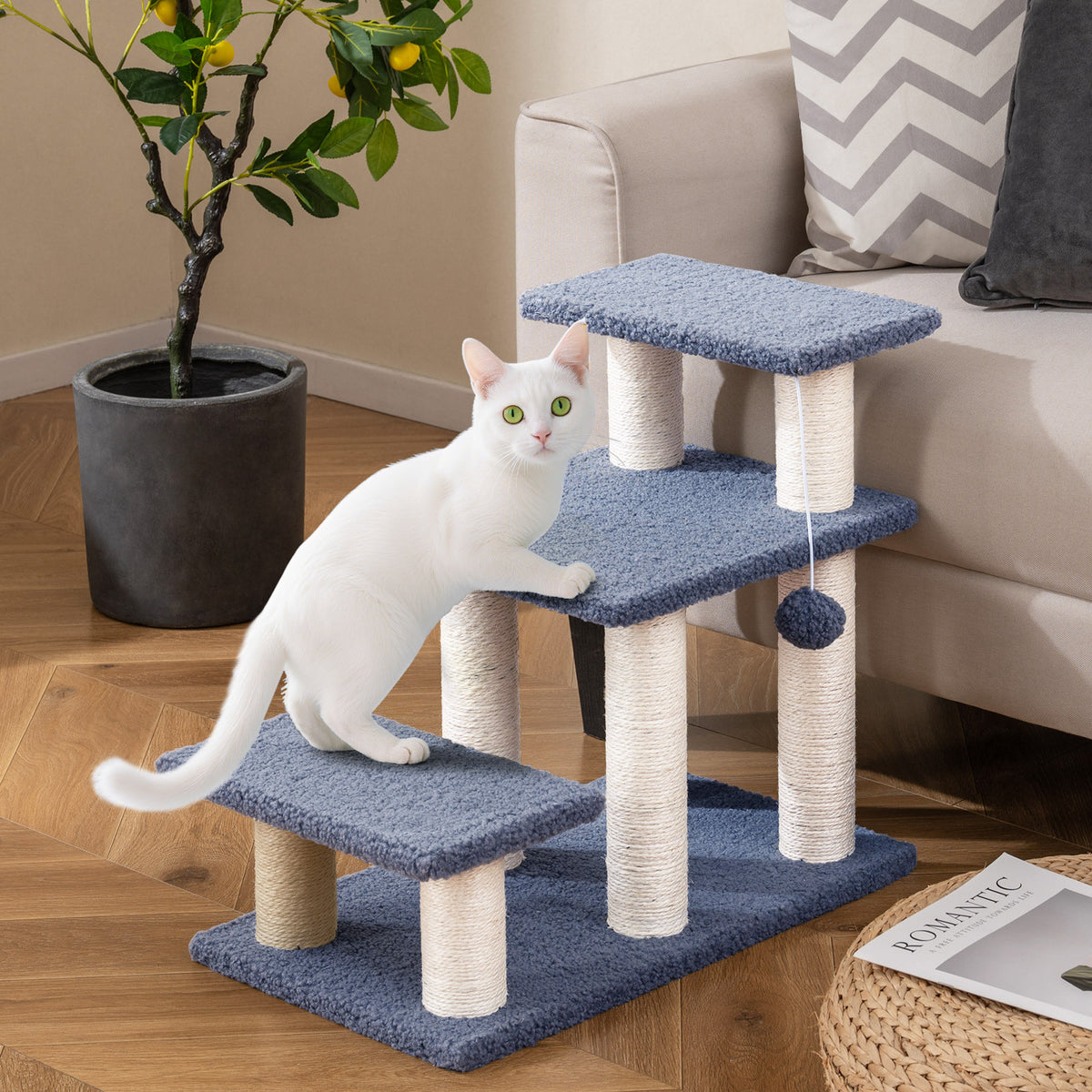 Cat Stairs 2-in-1 Cat Tree Tower Pet Steps with Sisal Scratching Posts-Grey