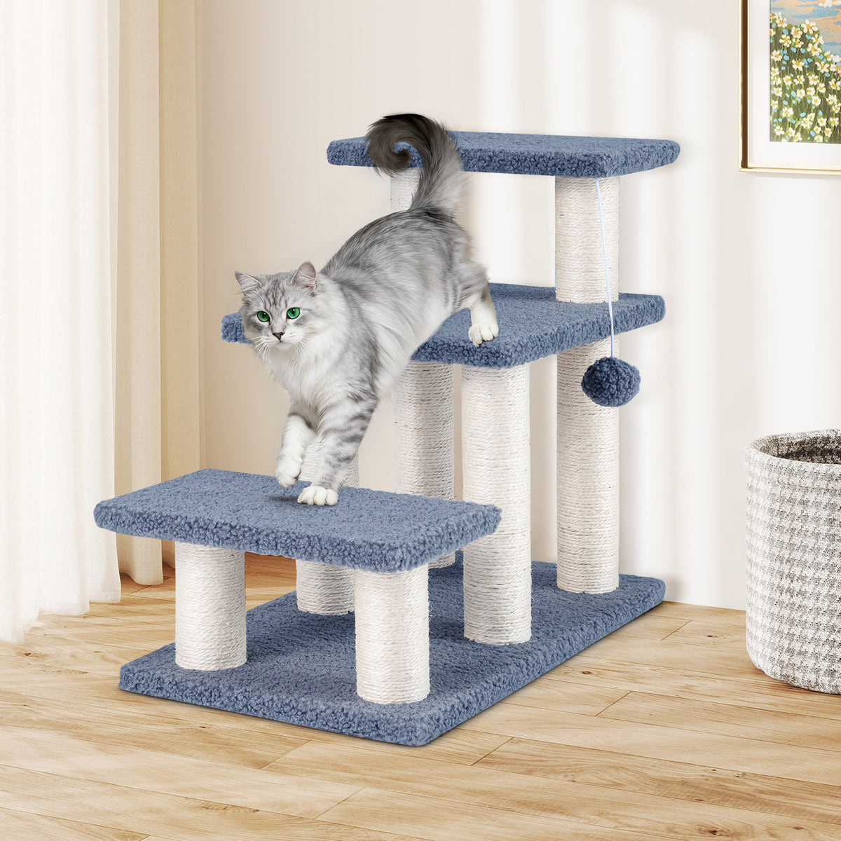 Cat Stairs 2-in-1 Cat Tree Tower Pet Steps with Sisal Scratching Posts-Grey