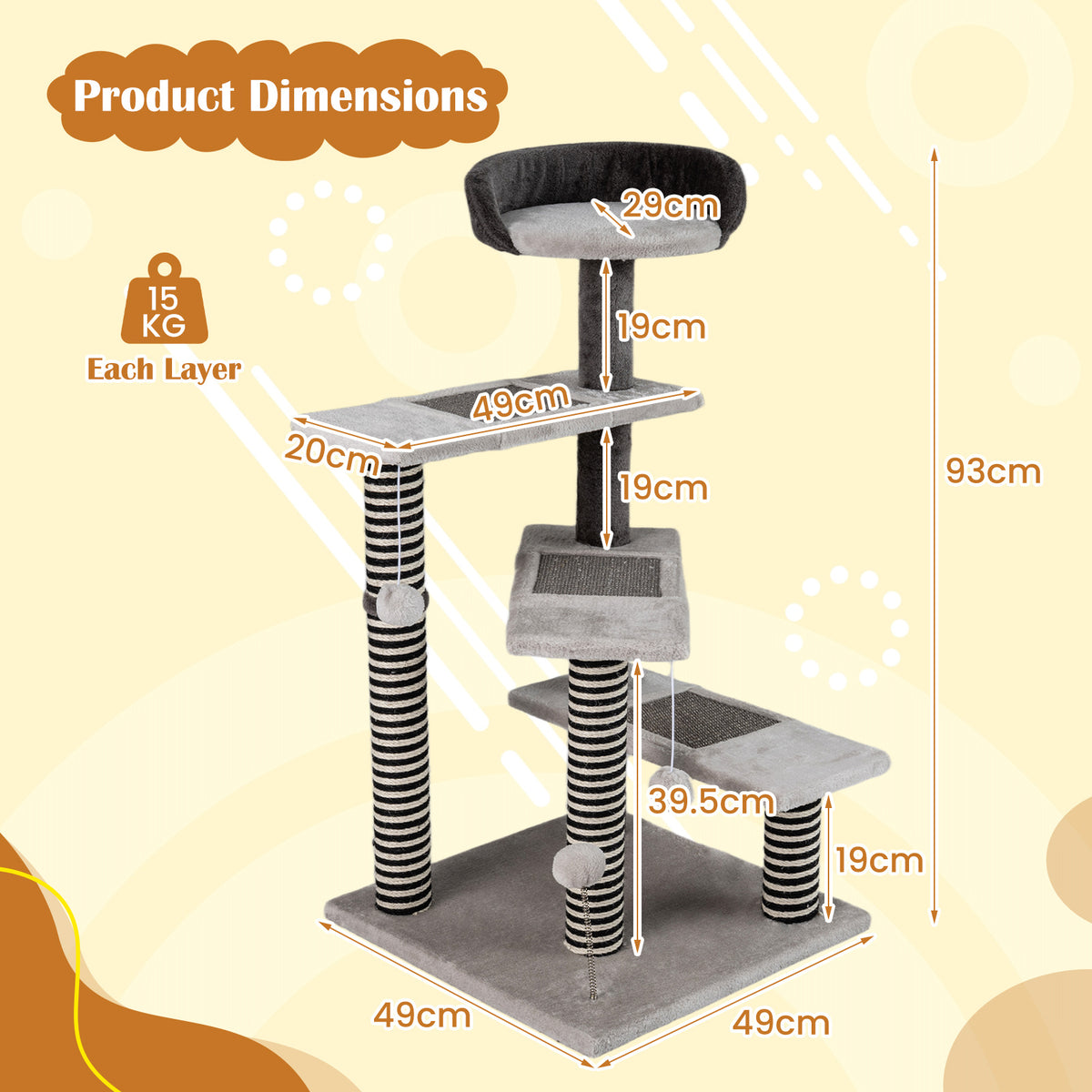 Cat Tree Kitten Tower 5-Level Cat Stairs with Sisal & Jute Scratching Posts and Mats-Grey