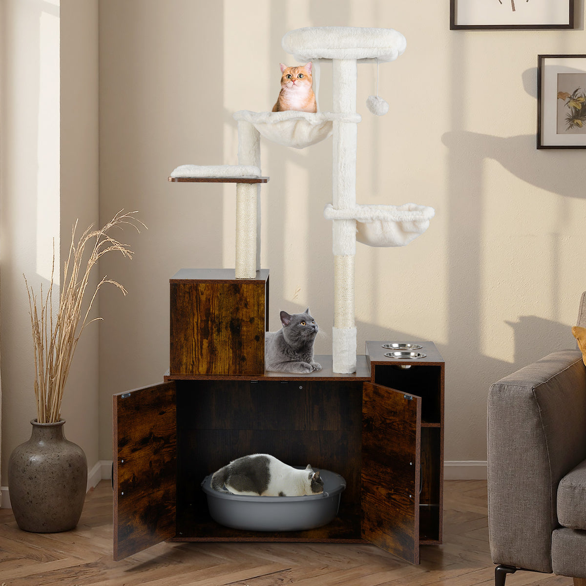 Cat Tree with Litter Box Enclosure Condo All-in-One Wooden Hidden Cat Furniture-Rustic Brown