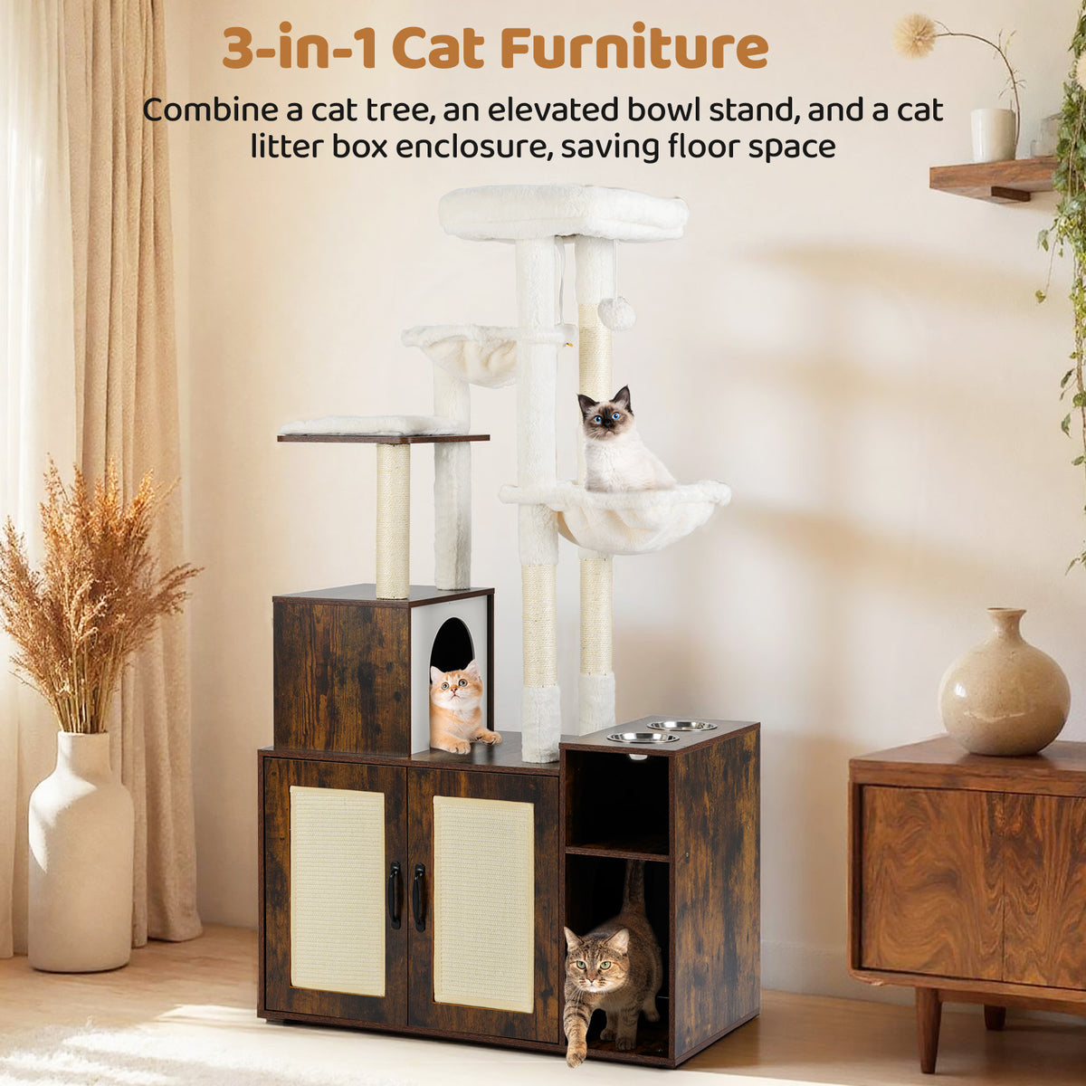 Cat Tree with Litter Box Enclosure Condo All-in-One Wooden Hidden Cat Furniture-Rustic Brown