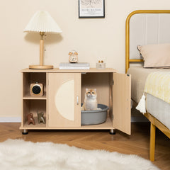 Cat Litter Box Enclosure with Sisal Scratching Doors and Adjustable Metal Feet-Natural
