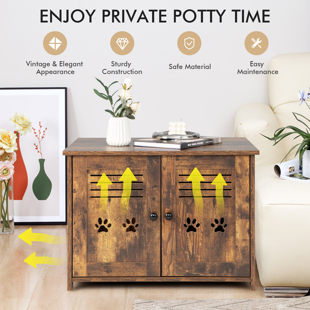 Cat Litter Box Enclosure with Double Louvered Doors, Side Entrance-Rustic Brown