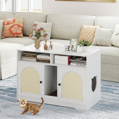 Cat Litter Box Enclosure for 2 Cats with Storage Double Rooms Scratching Board-White