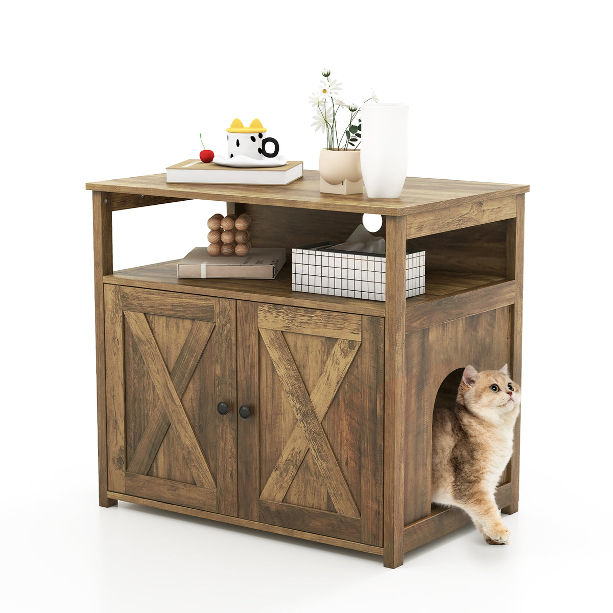 Cat Litter Box Enclosure with Doors and Side Entrance-Oak