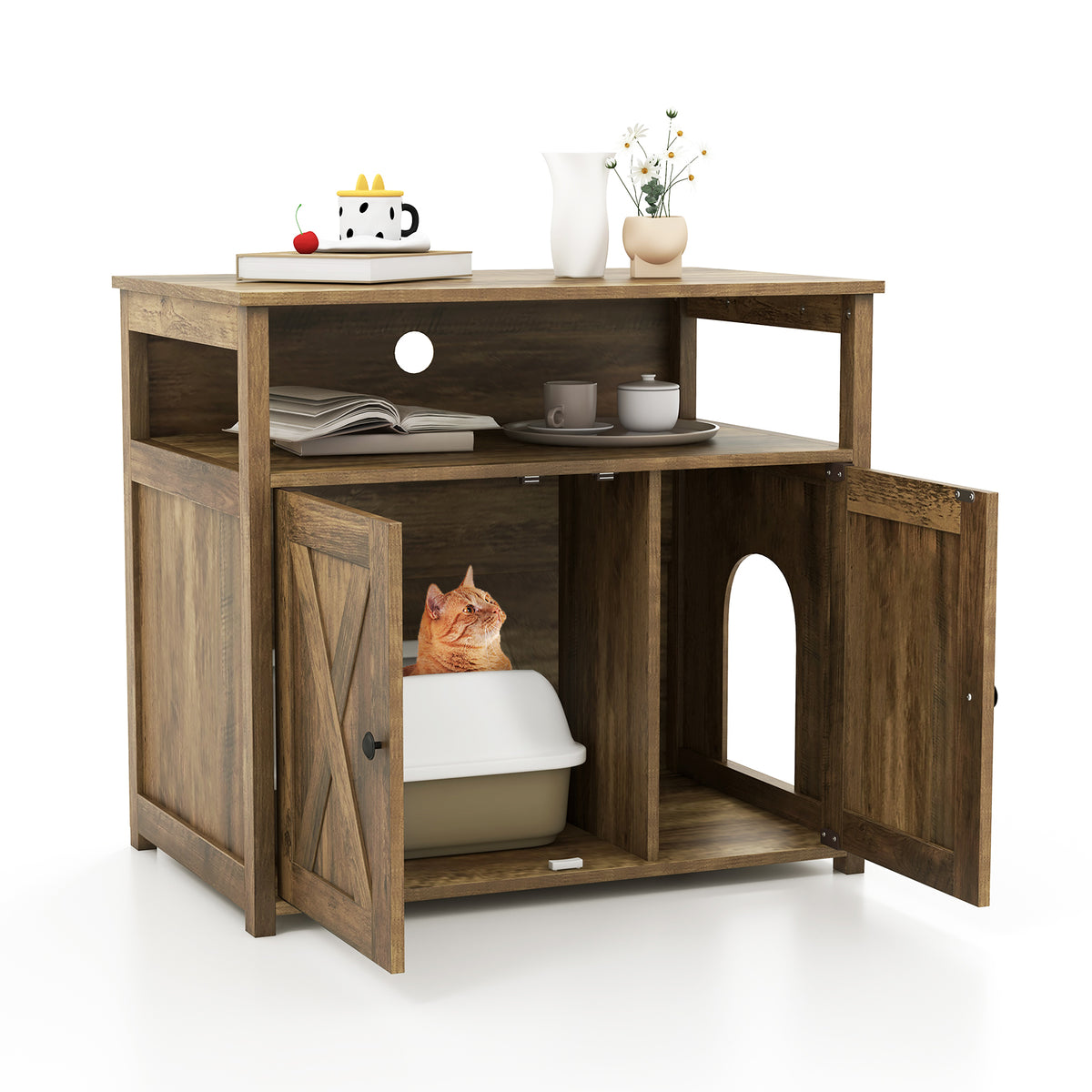 Cat Litter Box Enclosure with Doors and Side Entrance-Oak