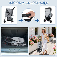 Pet Stroller with Adjustable Canopy and 3 Shock-absorbing Wheels-Grey